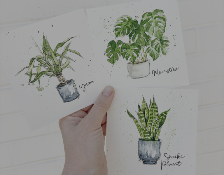 Watercolour and ink houseplants landscape